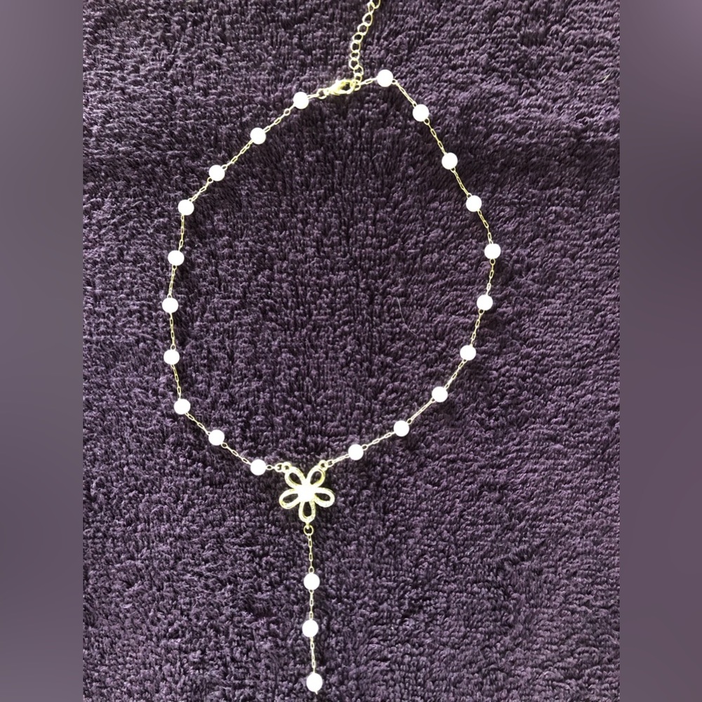 18k gold plated, crystal, and faux pearl Y necklace by Vivori